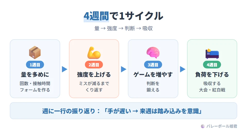 練習メニューの4週間サイクルの例。1週目:ボリューム(回数・接触時間)を少し多めにしてフォームを作る。2週目:強度を上げ、ミスが減るまで繰り返す。3週目:ゲーム形式の比率を上げ、判断を鍛える。4週目:負荷を下げて吸収するデロード、または大会や紅白戦