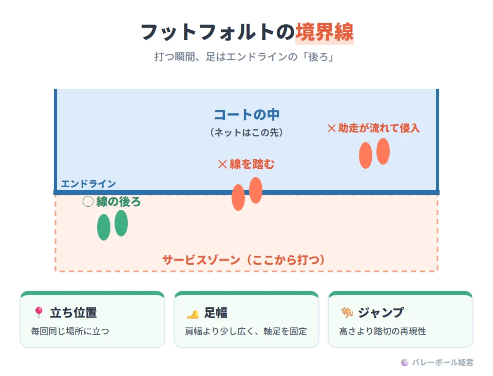 サーブのフットフォルトの境界線のイラスト。コートの外、エンドラインの後ろがサービスゾーンで、ここから打つ。足がエンドラインの後ろにあればOK。打球時に踏切足がエンドラインに乗る、または助走が前に流れてコートに入るとフットフォルトになる。予防策は、毎回同じ立ち位置に立つ、足幅は肩幅よりやや広くして軸足を固定する、ジャンプサーブは高さより踏切の再現性を優先すること